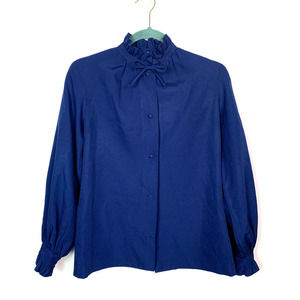 70s Terry Chicago Colbalt Blue Button up Blouse, with neck tie, Size S
